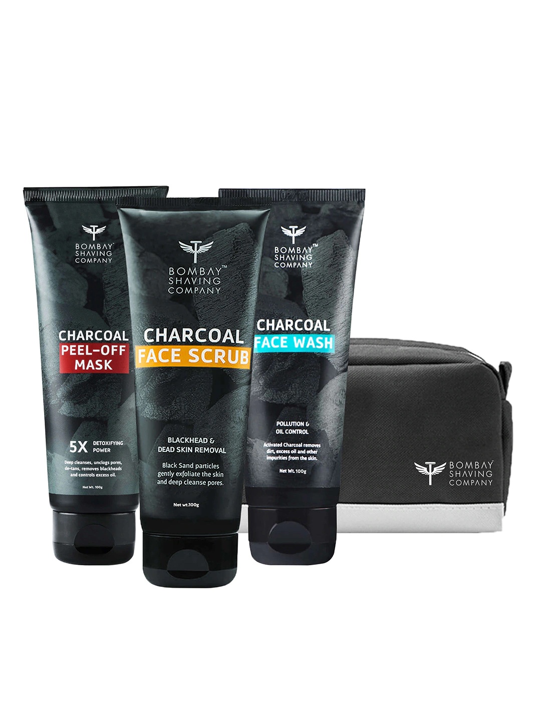 

Bombay Shaving Company Set of Charcoal Face Wash, Face Scrub, Peel Off Mask & Travel bag, Black