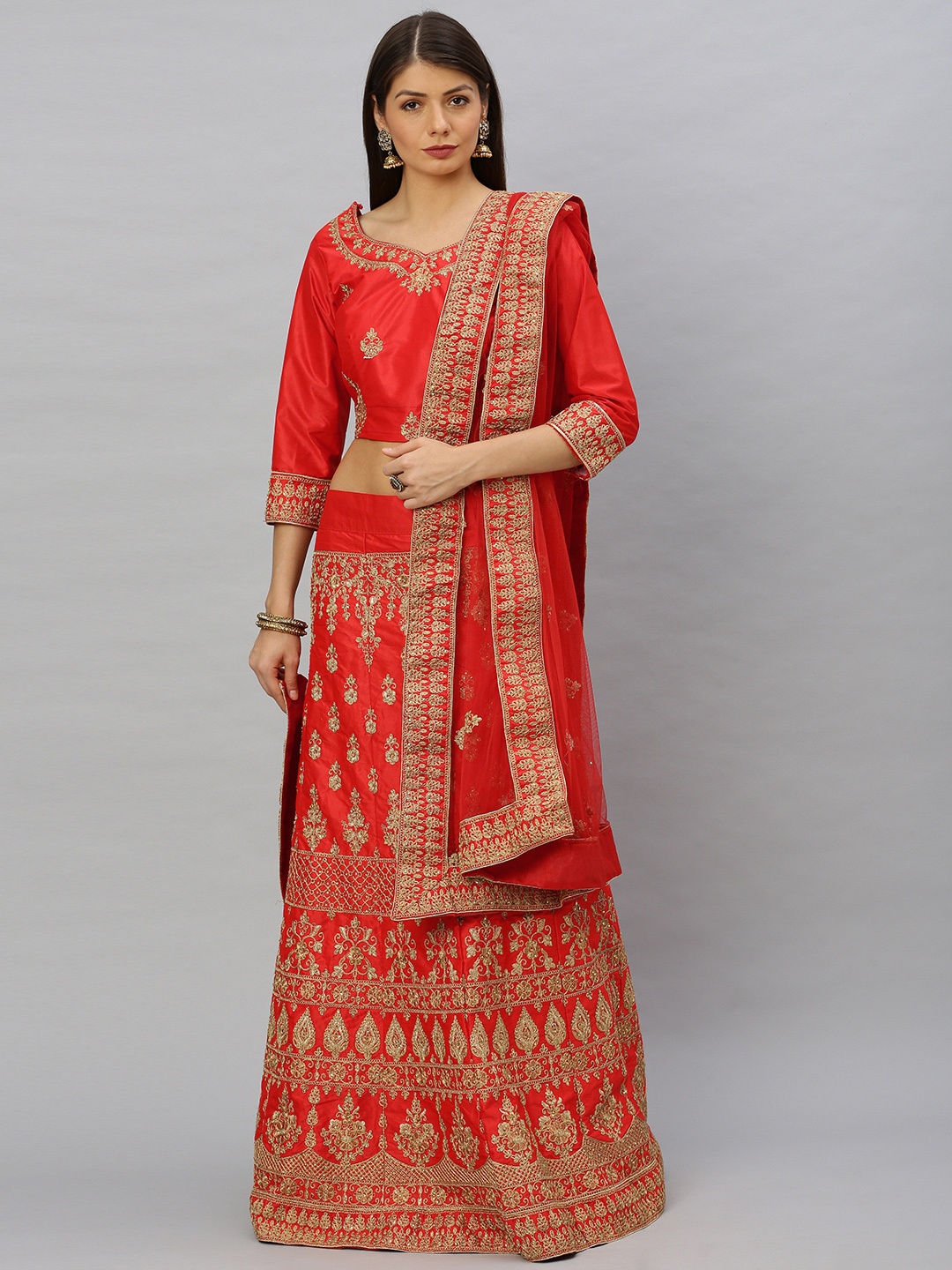 

SHAVYA Red & Gold-Toned Embellished Ready to Wear Lehenga & Unstitched Blouse with Dupatta