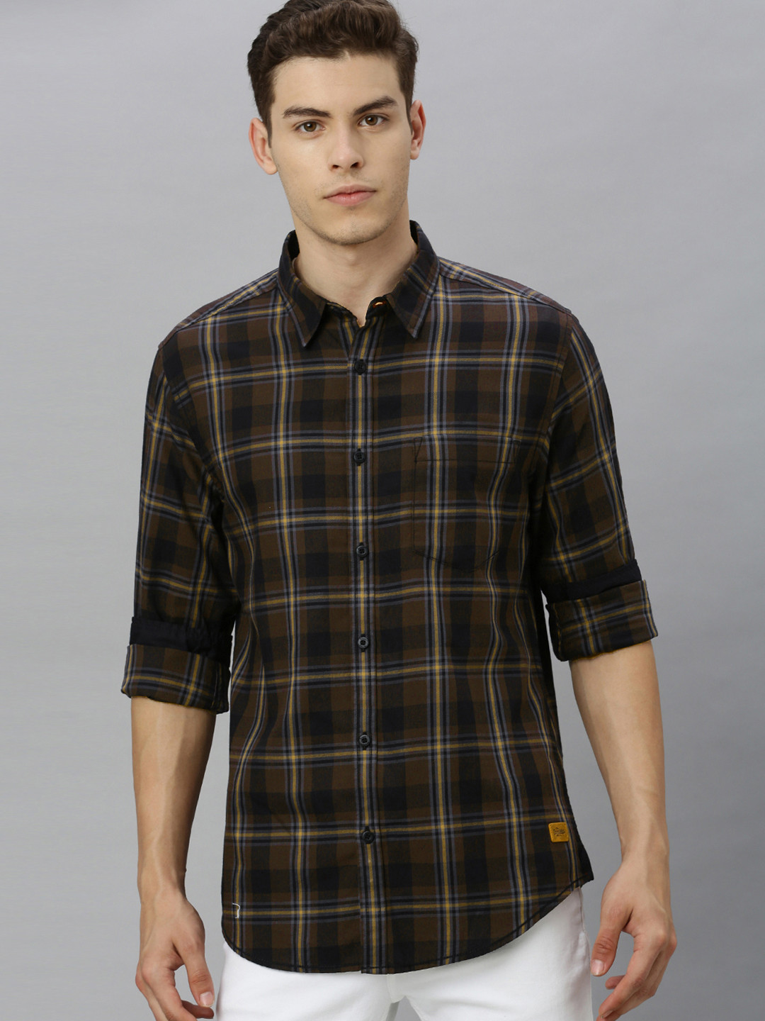 

Roadster Men Coffee Brown & Black Checked Pure Cotton Sustainable Casual Shirt