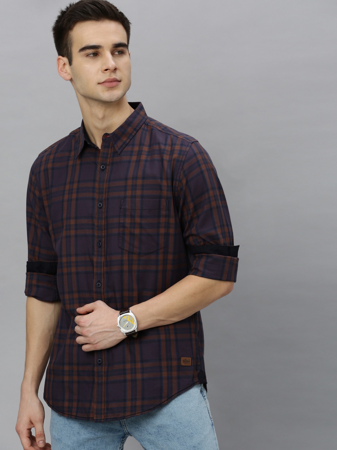 

Roadster Men Brown & Orange Checked Pure Cotton Casual Shirt