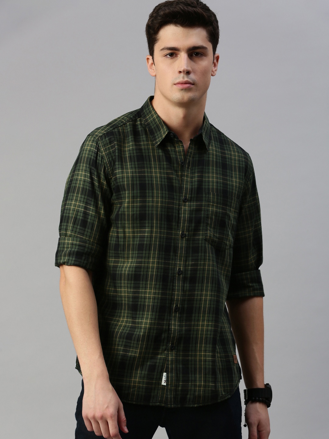 

Roadster Men Olive Green & Black Checked Sustainable Casual Shirt