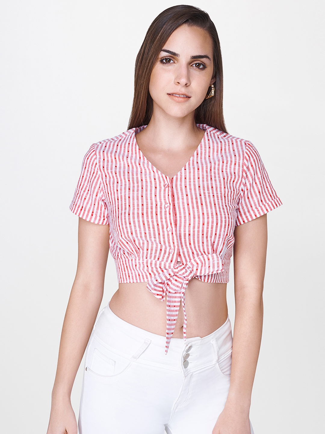 

AND Women Red Striped Cinched Waist Crop Pure Cotton Top