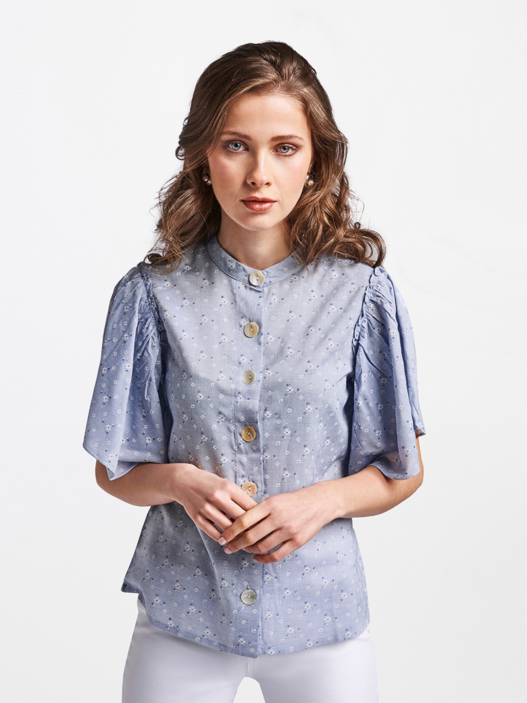 

AND Women Blue Floral Printed Shirt Style Top