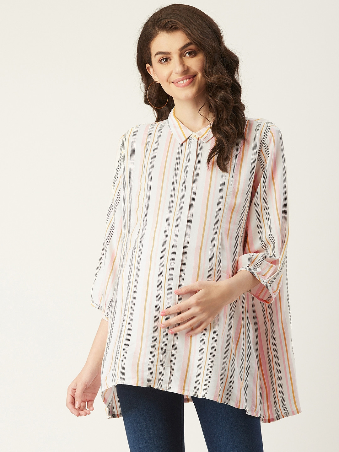 

AND Women Pink & Black Regular Fit Striped Maternity Shirt