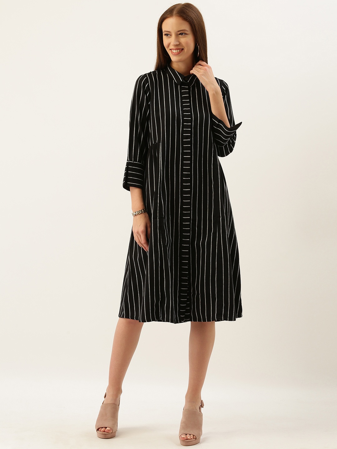 

AND Women Black & White Striped Maternity Shirt Dress