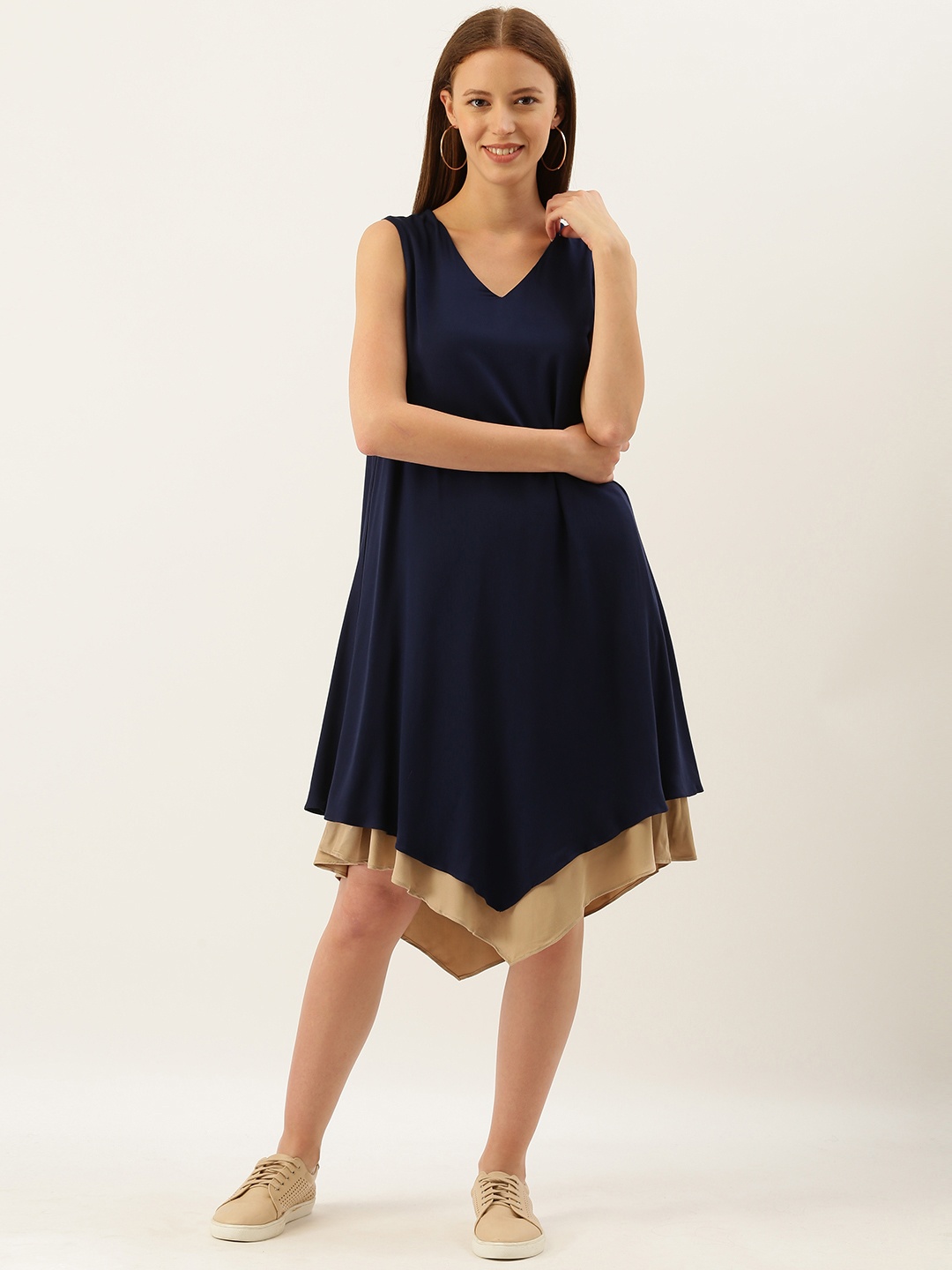 

AND Women Navy Blue Solid Layered Asymmetric A-Line Maternity Dress