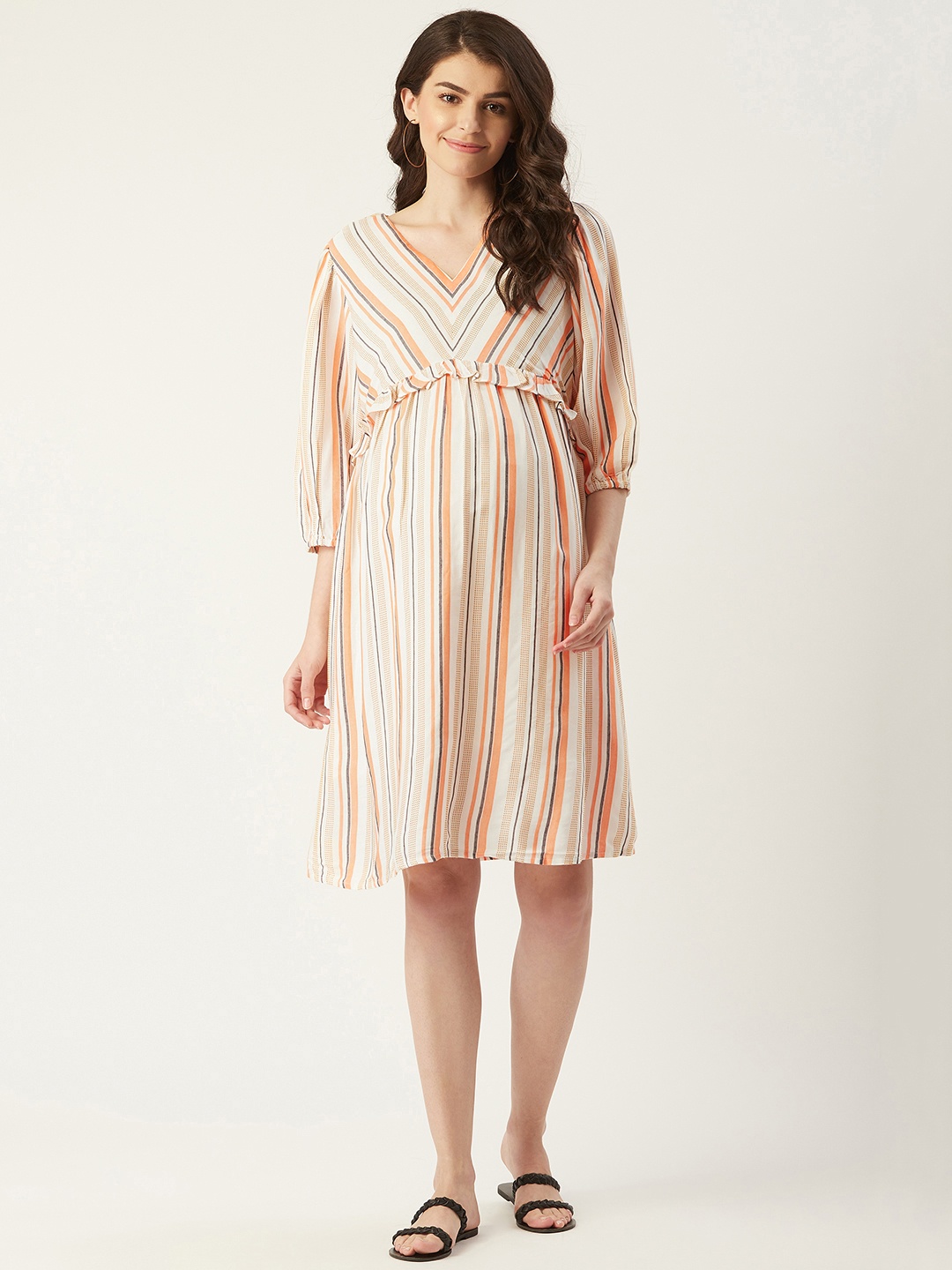 

AND Women White & Peach-Coloured Striped A-Line Maternity Dress
