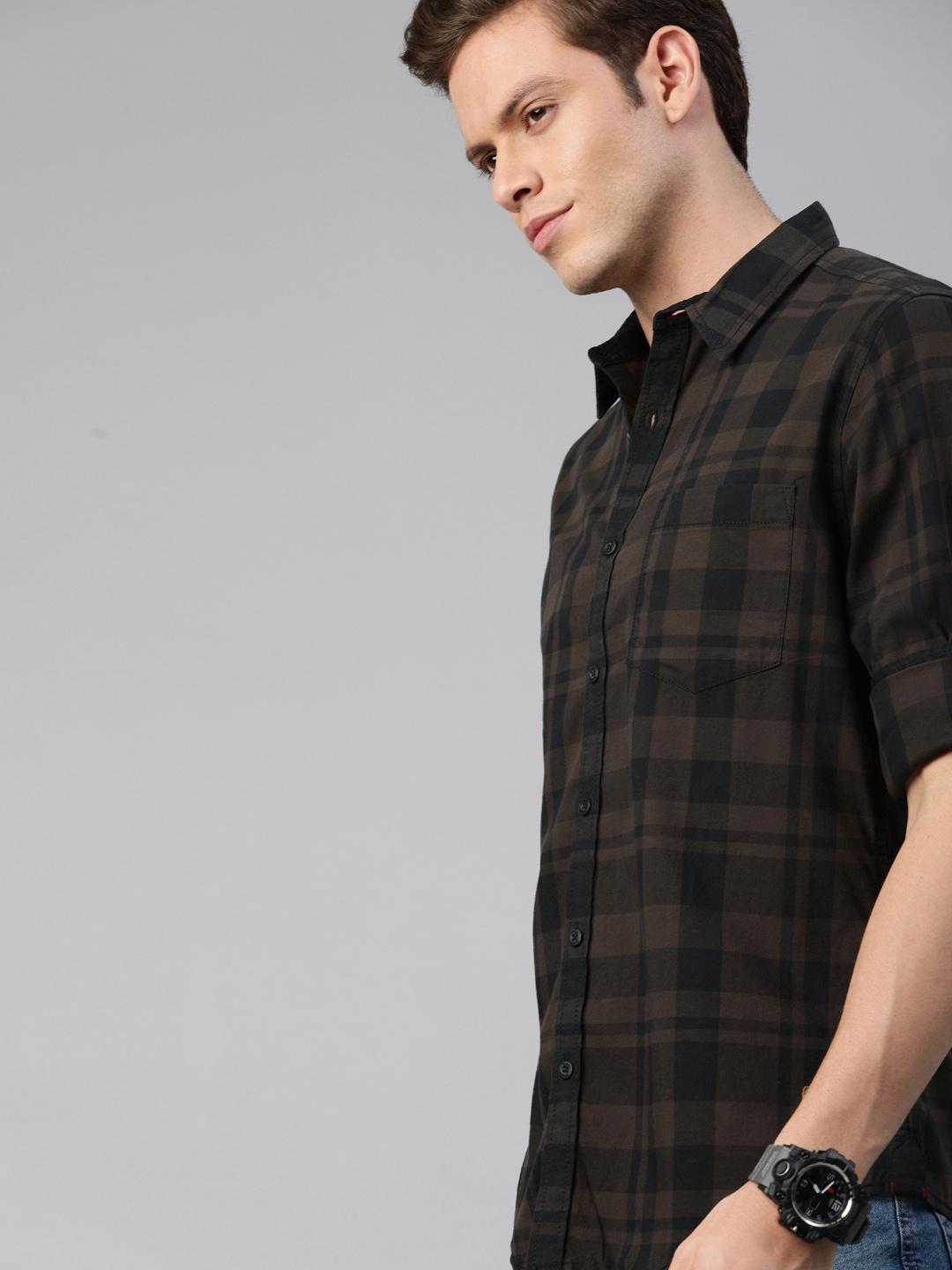 

Roadster Men Coffee Brown Regular Fit Checked Casual Shirt