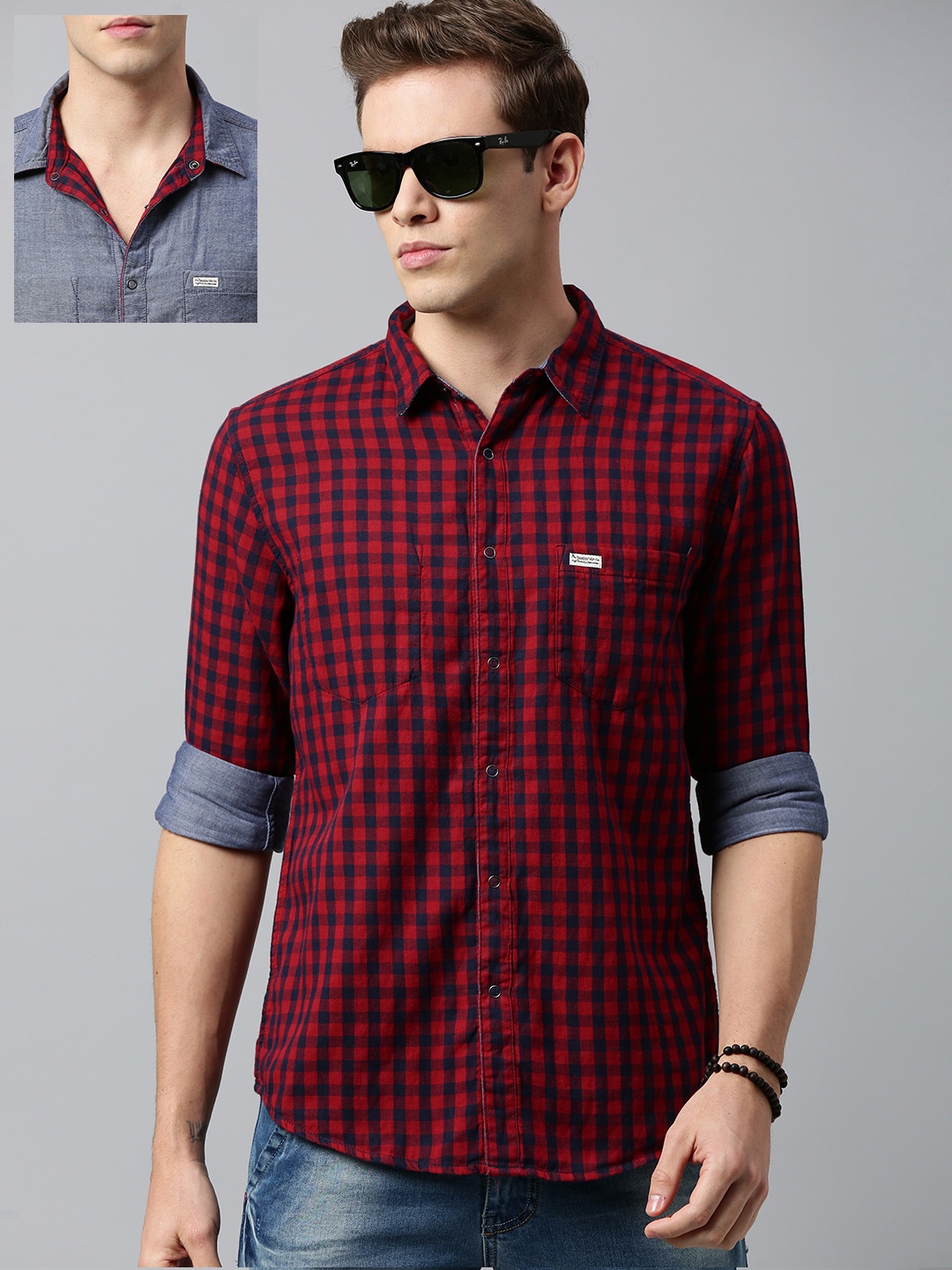 

Roadster Men Red & Navy Blue Checked Casual Pure Cotton Reversible Shirt