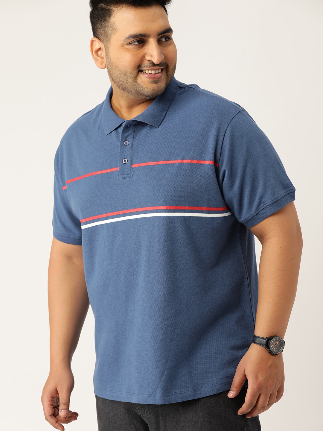 

Sztori Plus Size Men Blue Red Striped Detail Polo Collar Pure Cotton T-shirt