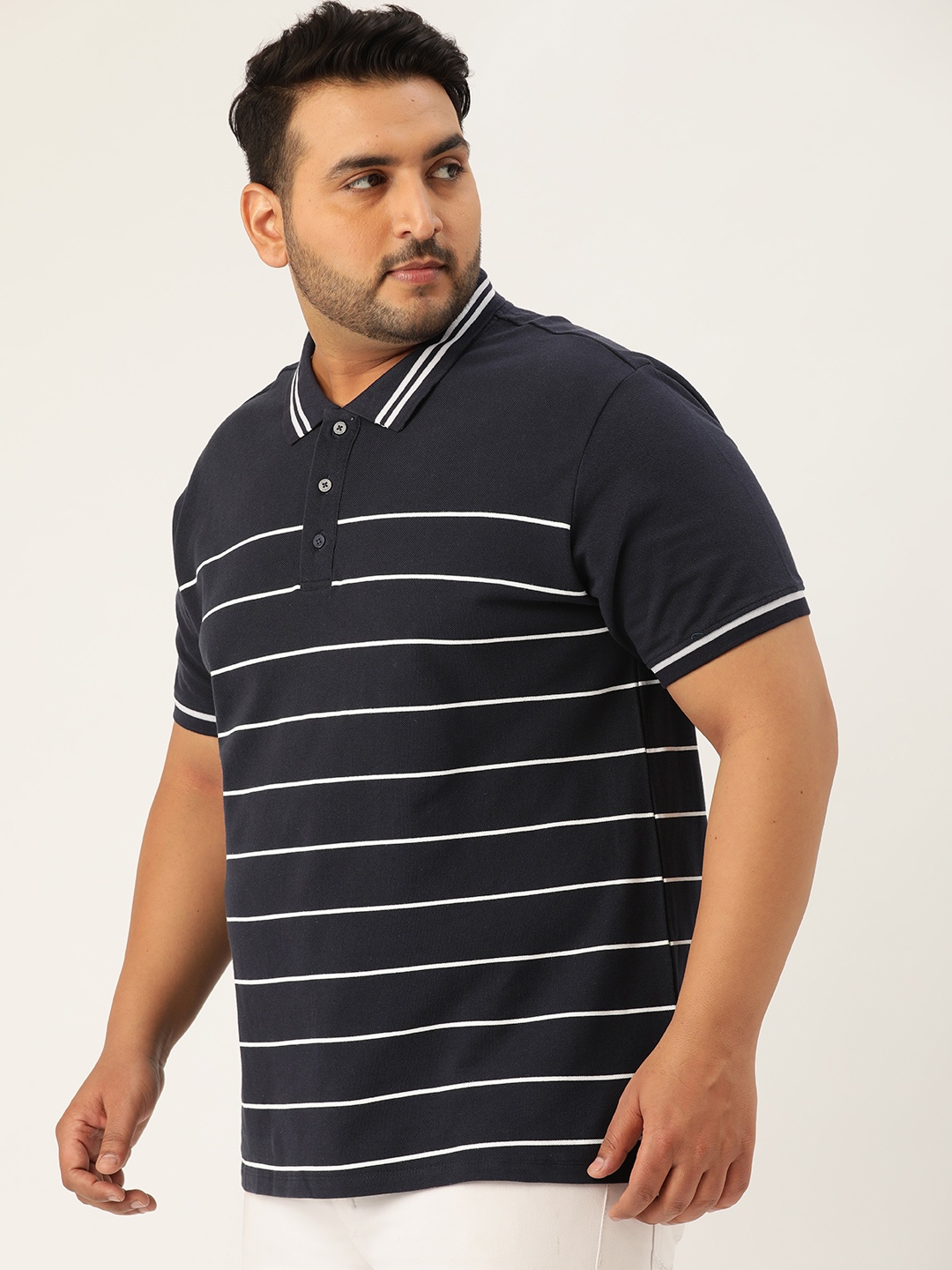 

Sztori Plus Size Men Navy Blue White Striped Polo Collar T-shirt