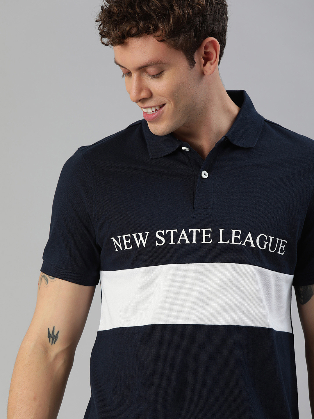 

Mast Harbour Men Navy Blue Striped Polo Collar Pure Cotton T-shirt With Printed Detailing