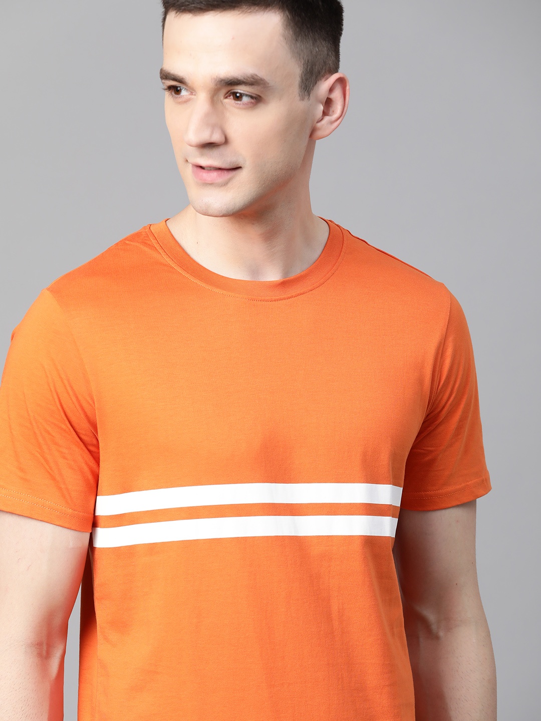 

Mast & Harbour Men Orange & White Striped Round Neck T-shirt