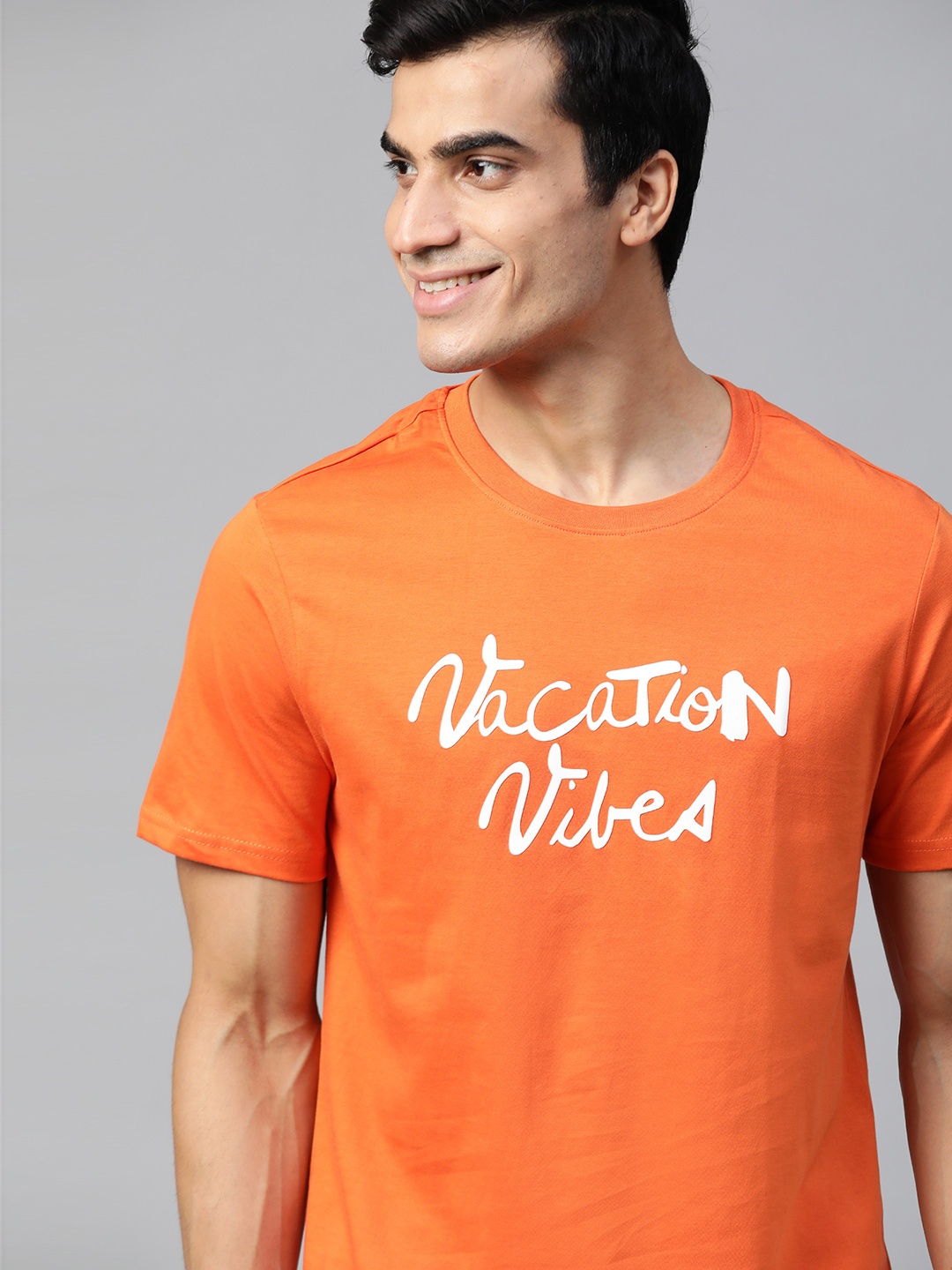 

Mast Harbour Men Orange White Printed Round Neck Pure Cotton T-shirt