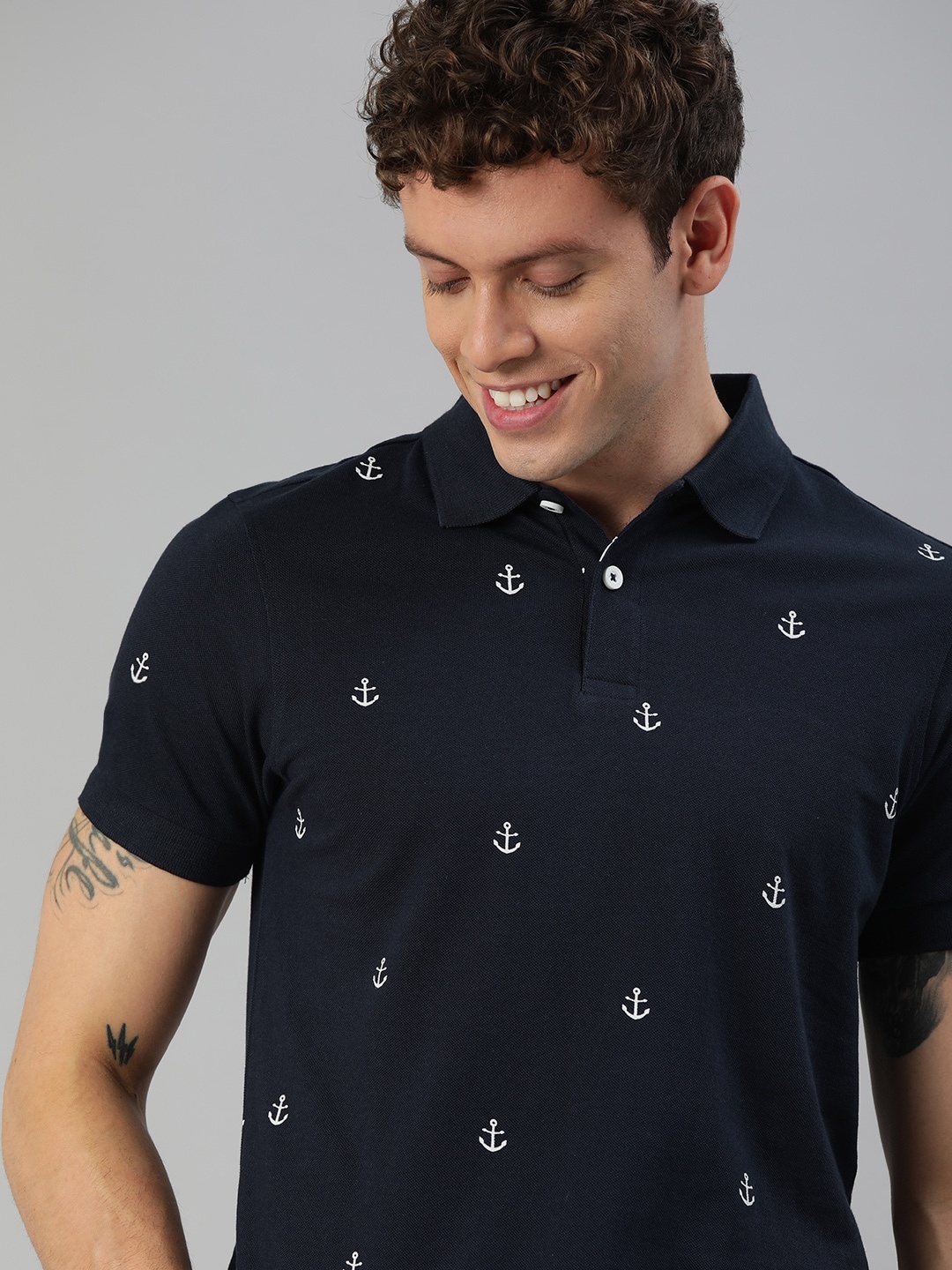

Mast Harbour Men Navy Blue White Conversational Printed Polo Collar Pure Cotton T-shirt