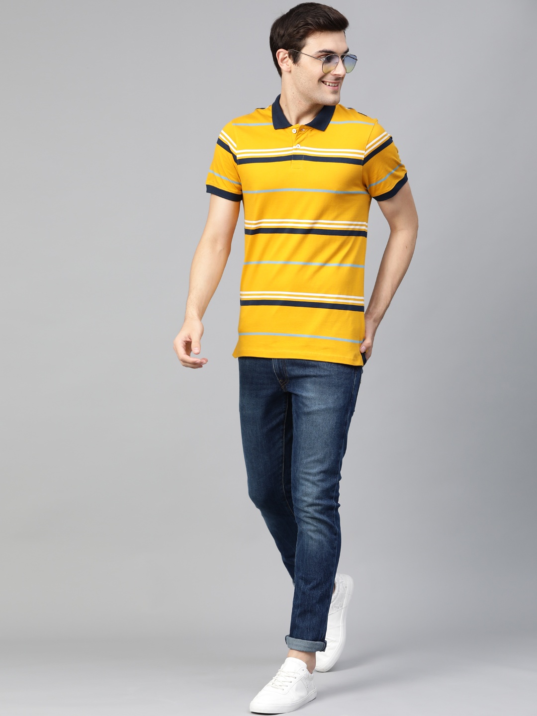 

Mast & Harbour Men Mustard Yellow & Navy Striped Polo Collar T-shirt