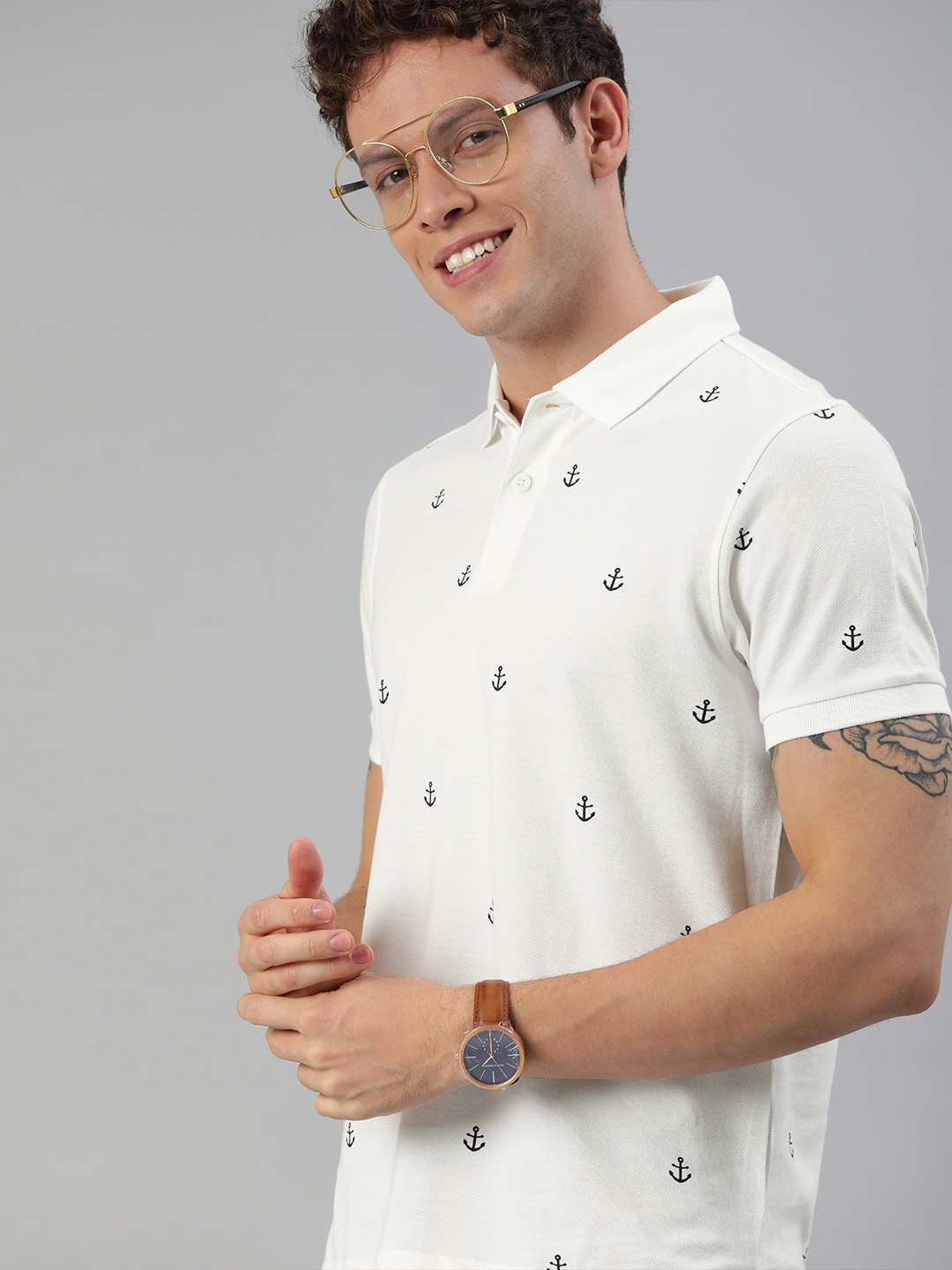 

Mast & Harbour Men White & Black Printed Polo Collar T-shirt