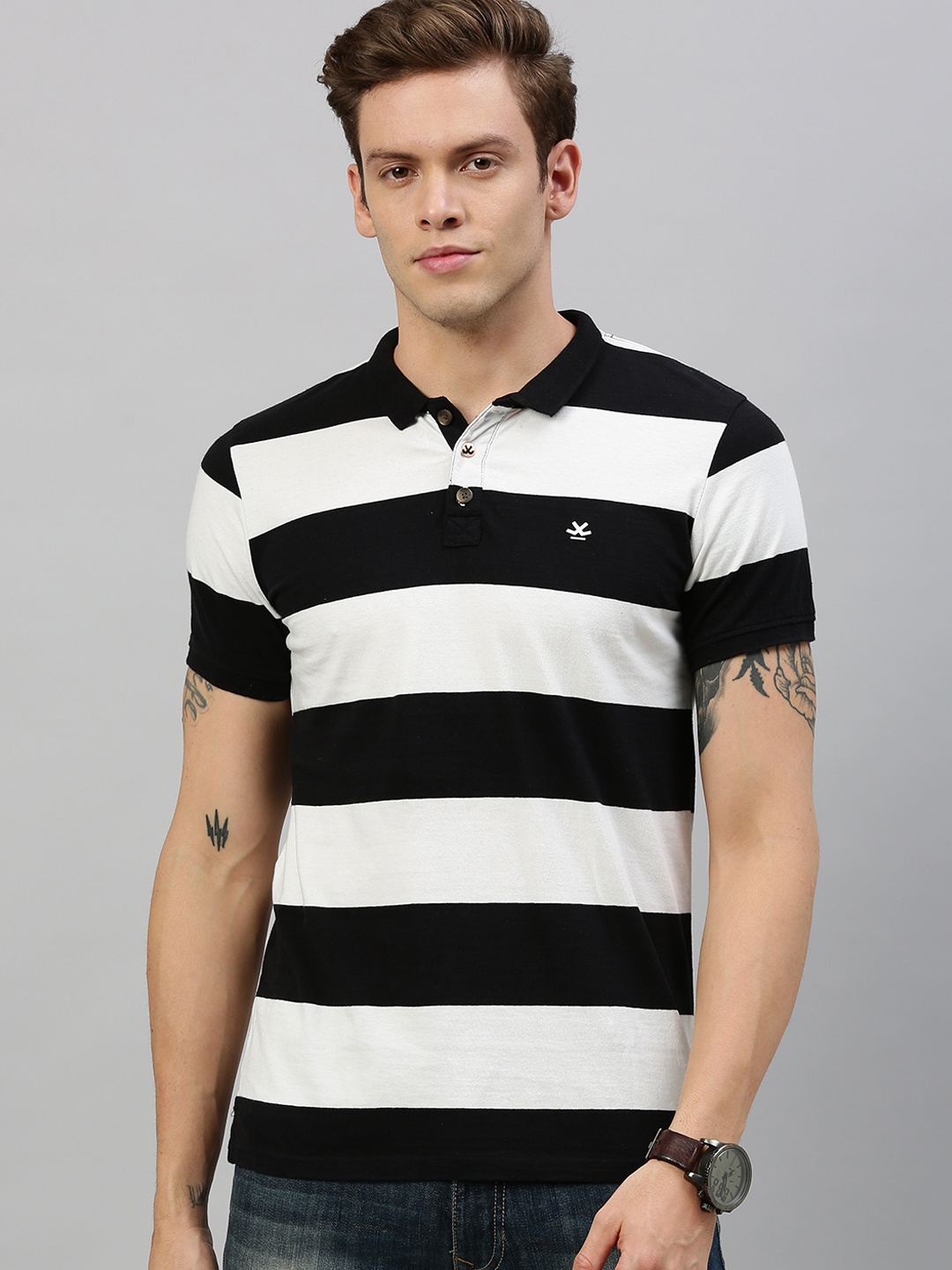 

WROGN Men White Black Slim Fit Striped Polo Collar Pure Cotton T-shirt