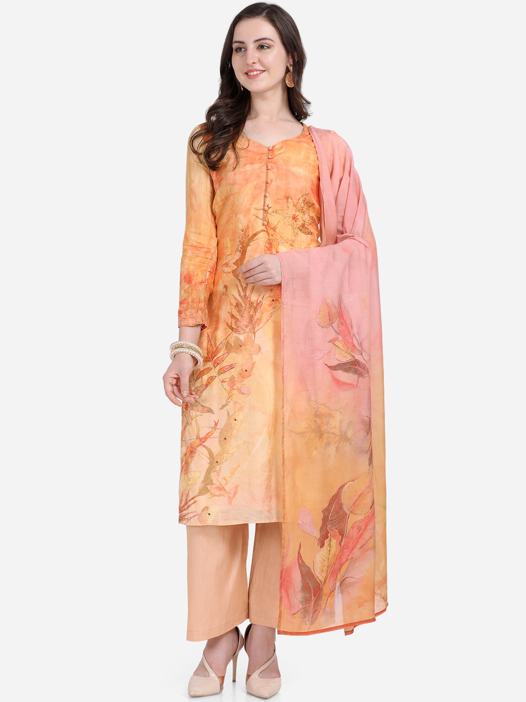 

Stylee LIFESTYLE Orange Satin Unstitched Dress Material