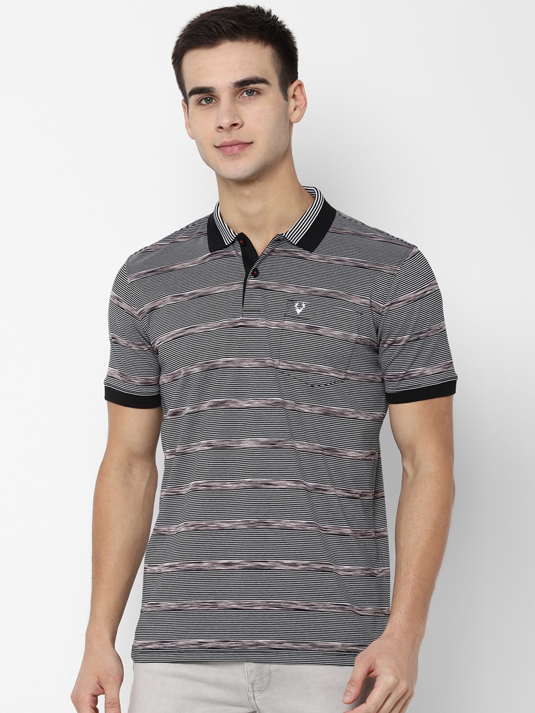 

Allen Solly Men Black And White Striped Polo Collar Pure Cotton T-shirt