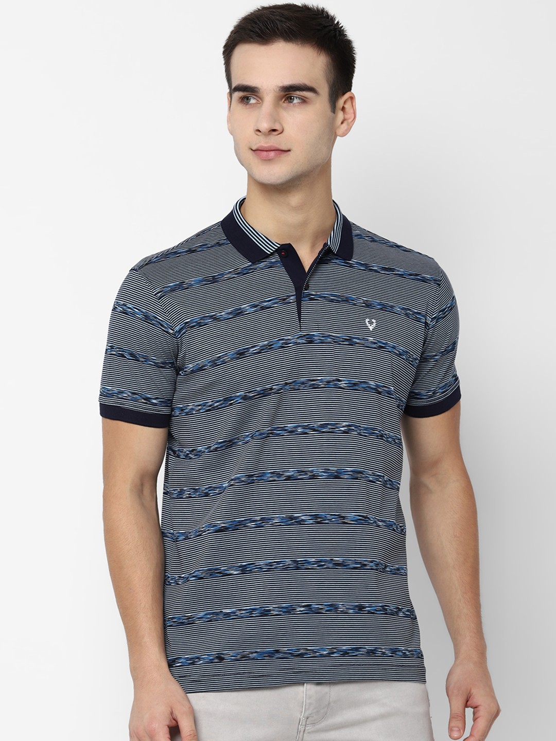 

Allen Solly Men Navy Blue Striped Polo Collar Pure Cotton T-shirt