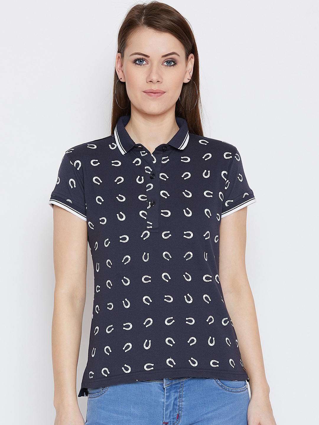 

JUMP USA Women Navy Blue Printed Polo Collar Pure Cotton T-shirt