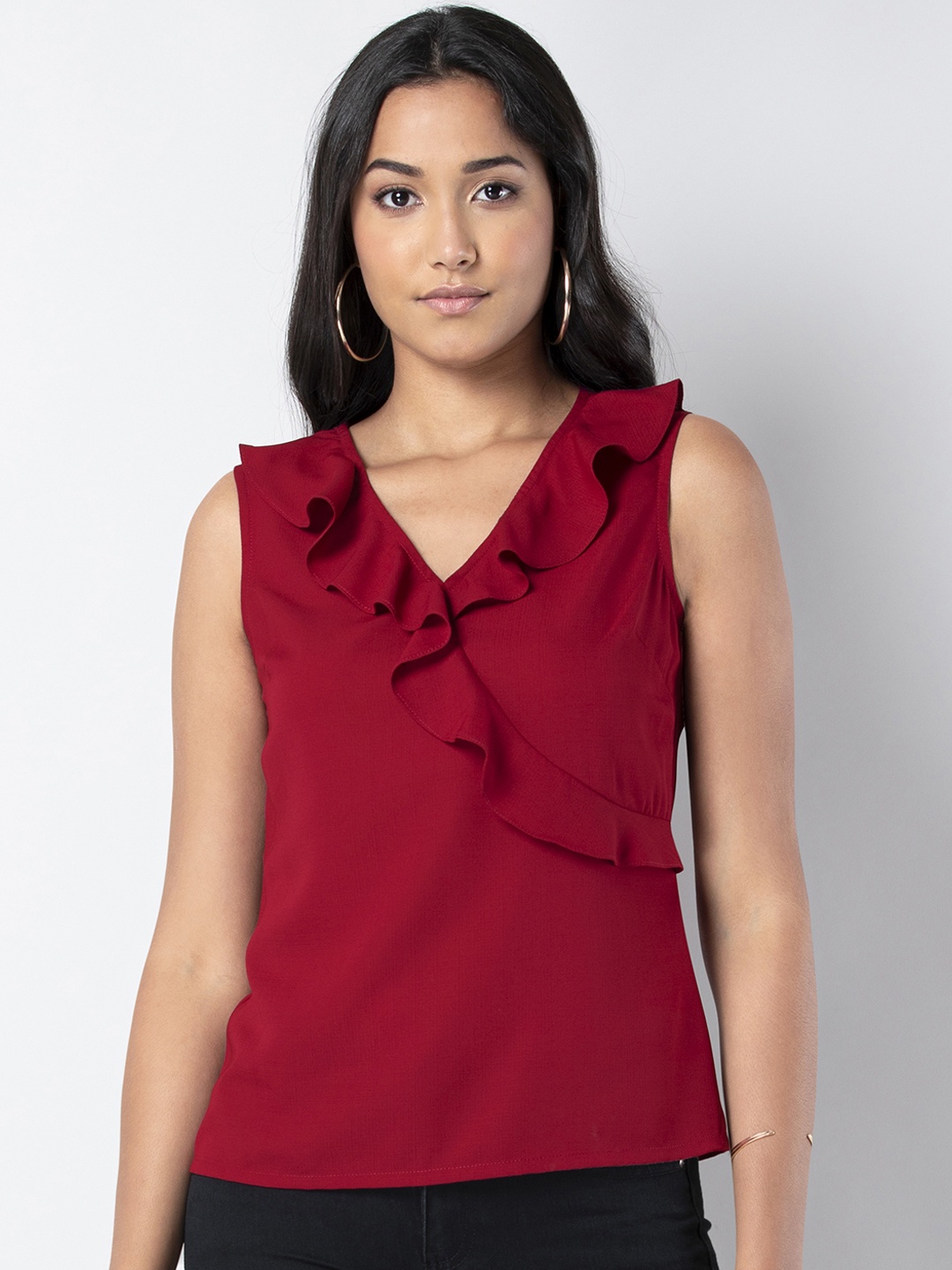 

FabAlley Women Red Solid Ruffled Top