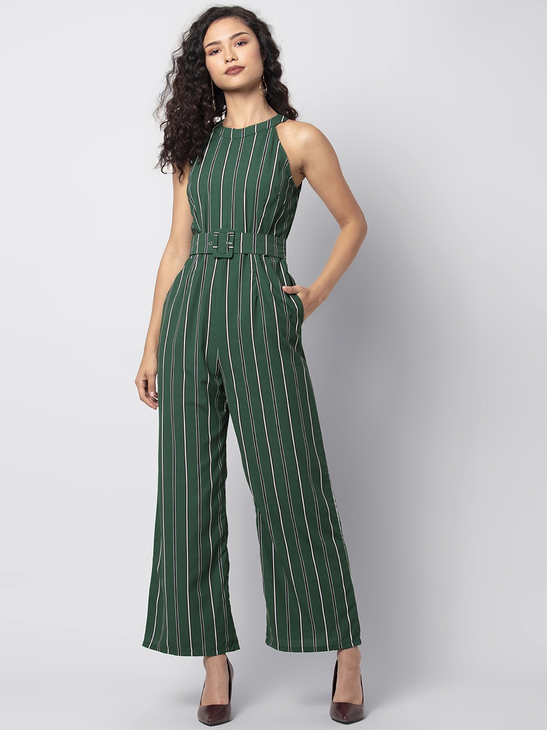 

FabAlley Women Green and White Striped Basic Jumpsuit