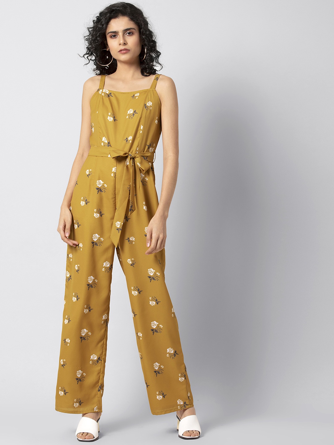 

FabAlley Women Mustard Yellow and Off-White Printed Basic Jumpsuit