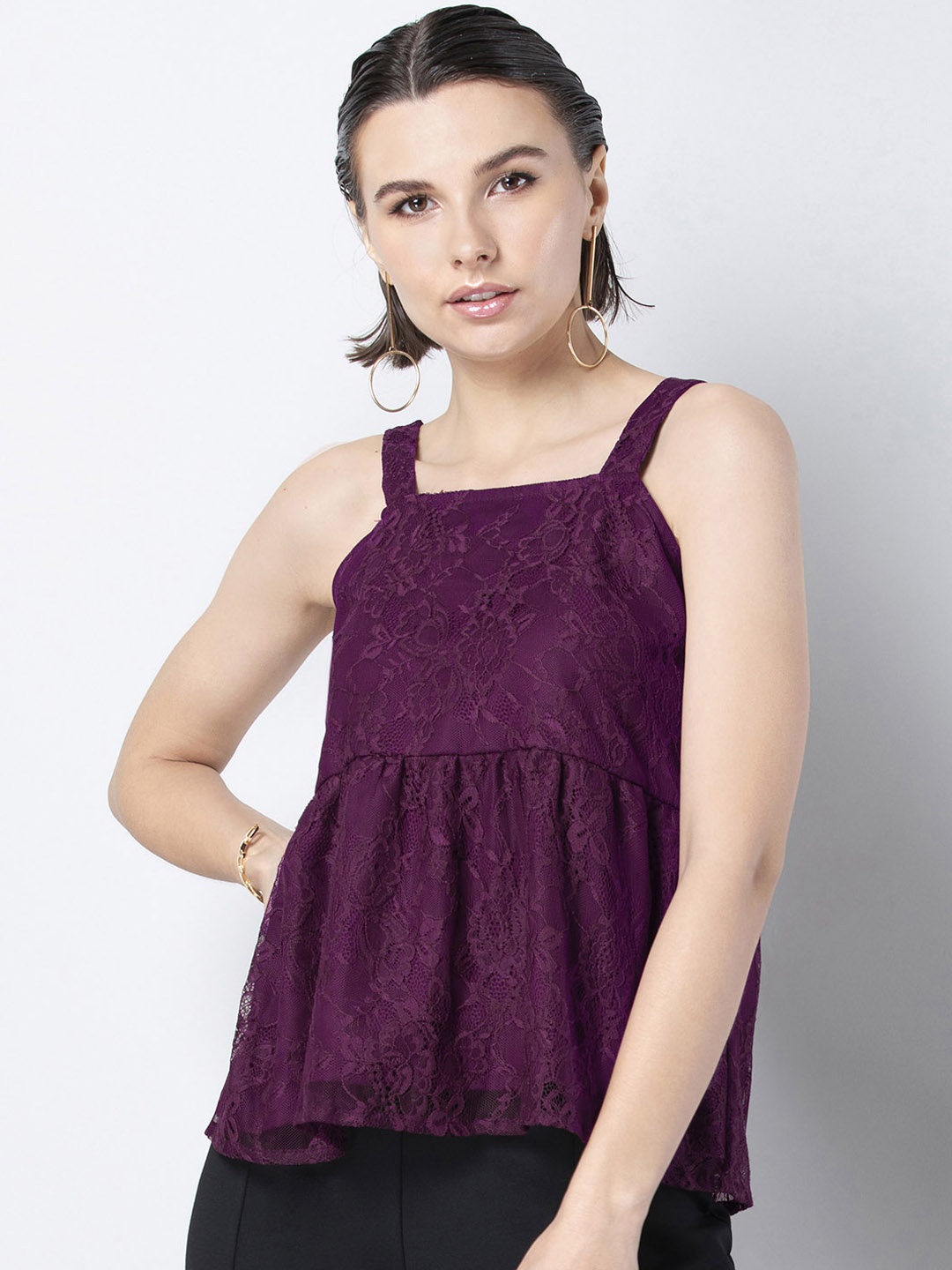 

FabAlley Women Purple Self Design A-Line Lace Top