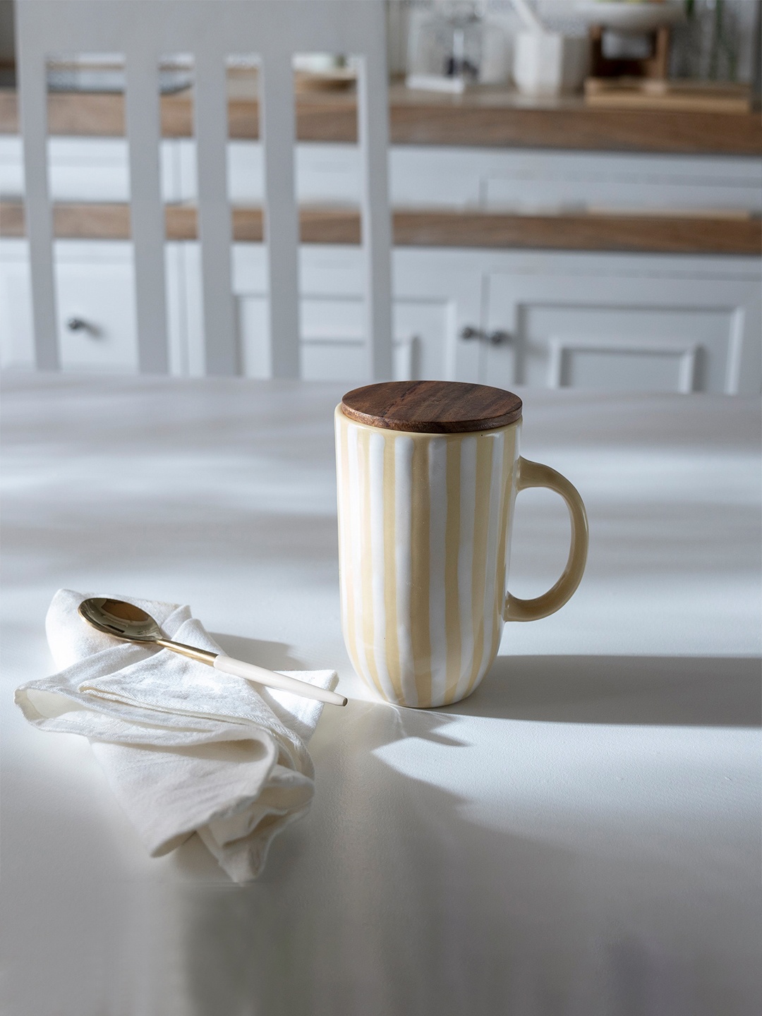 

ellementry Yellow Striped Ceramic Mug With Lid
