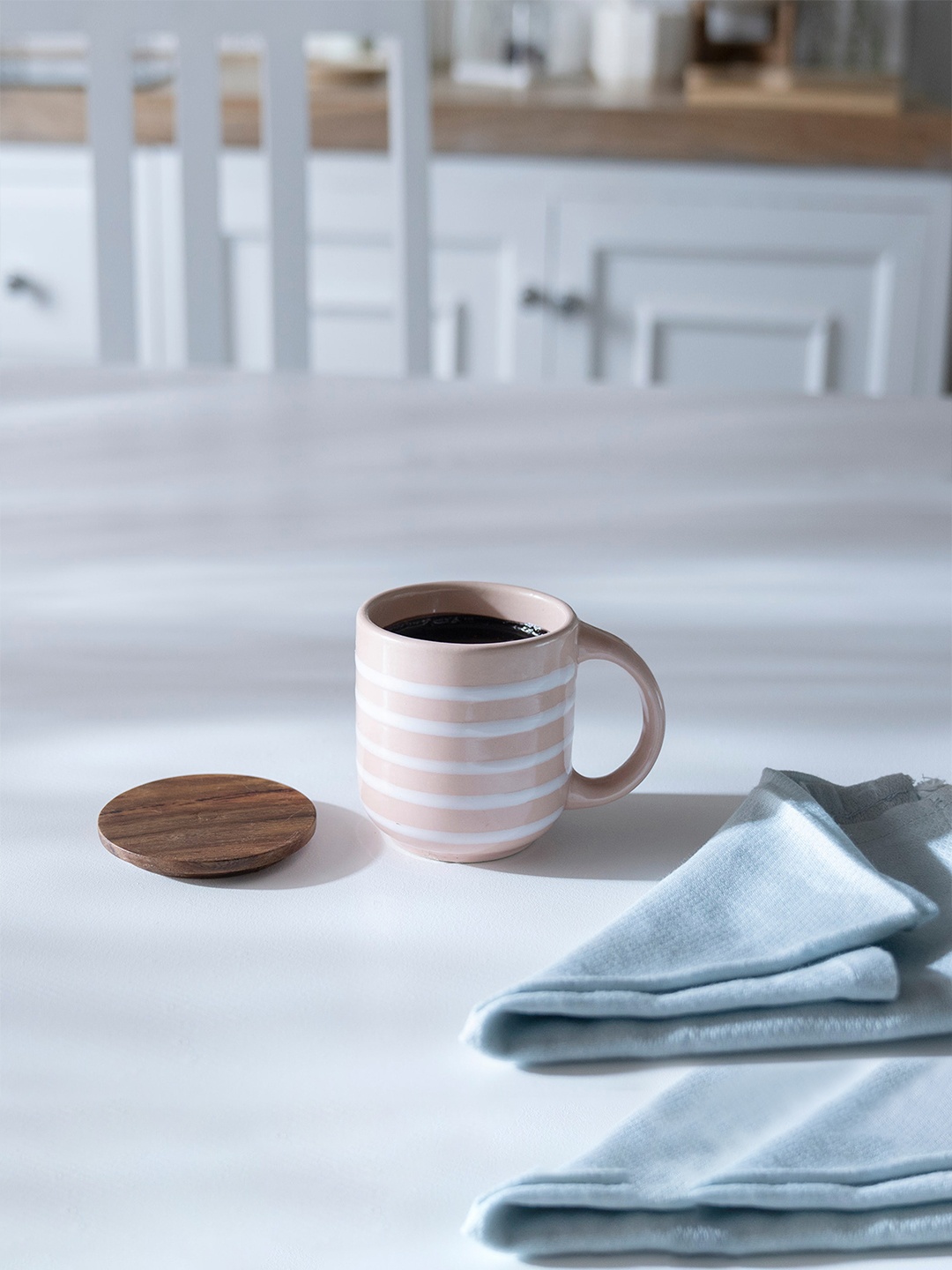 

ellementry Pink & White Striped Ceramic Mug with Lid