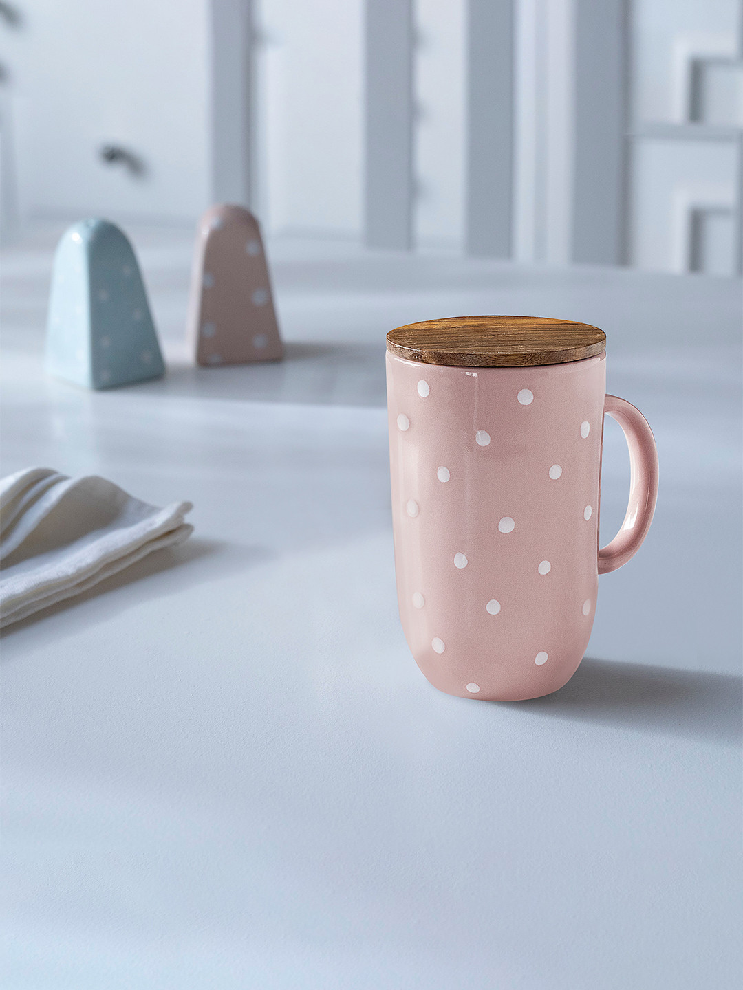 

ellementry Pink Polka Dots Printed Tall Ceramic Mug With Lid