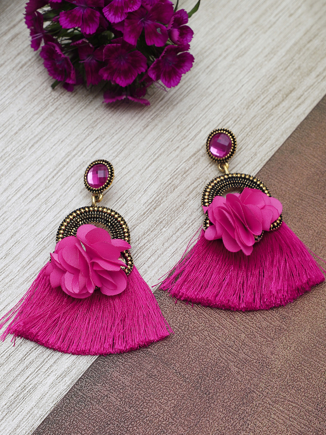 

Shining Diva Fashion Gold-Plated and Pink Tasselled Floral Drop Earrings