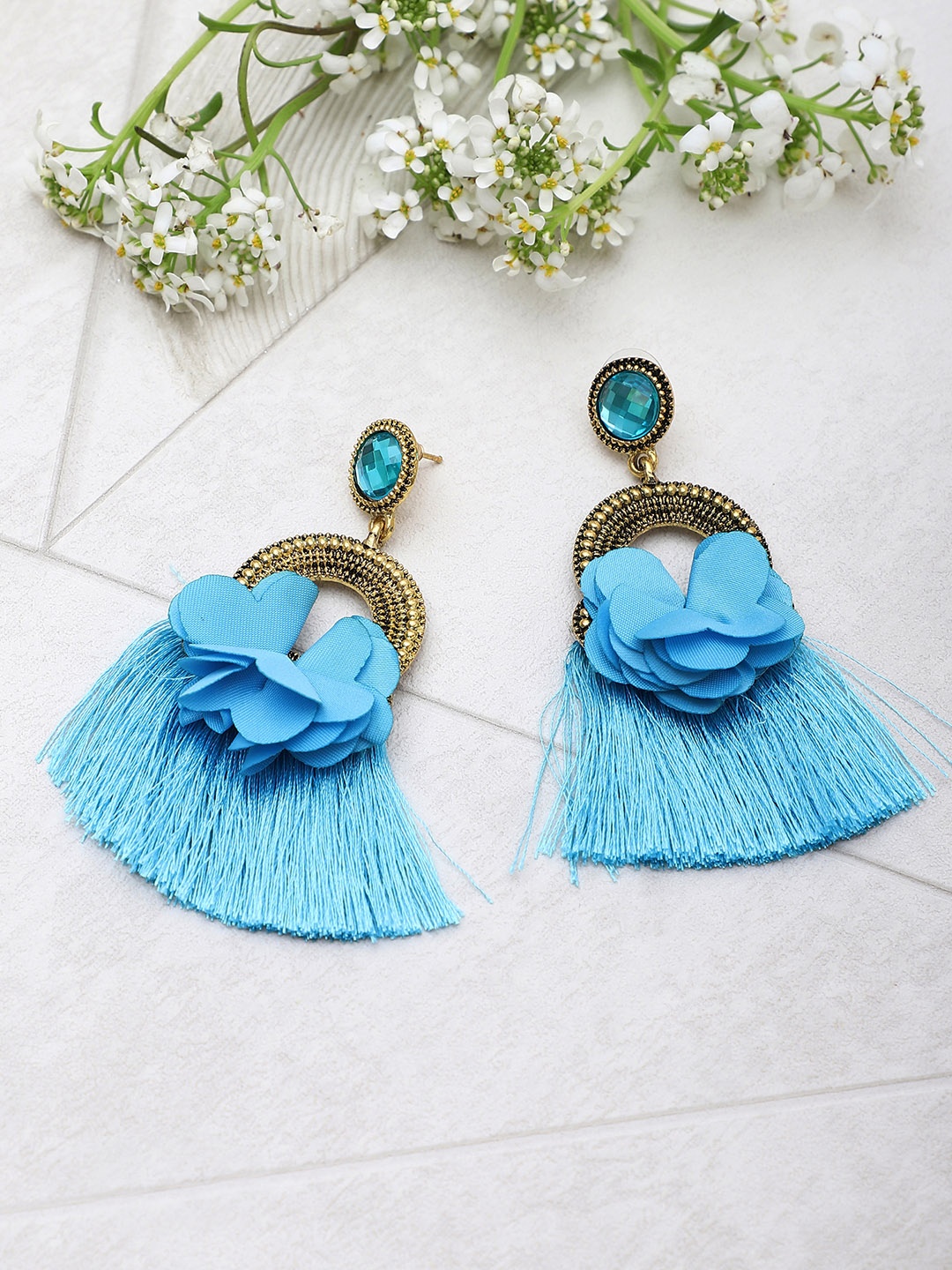 

Shining Diva Fashion Gold-Plated and Blue Floral Drop Earrings