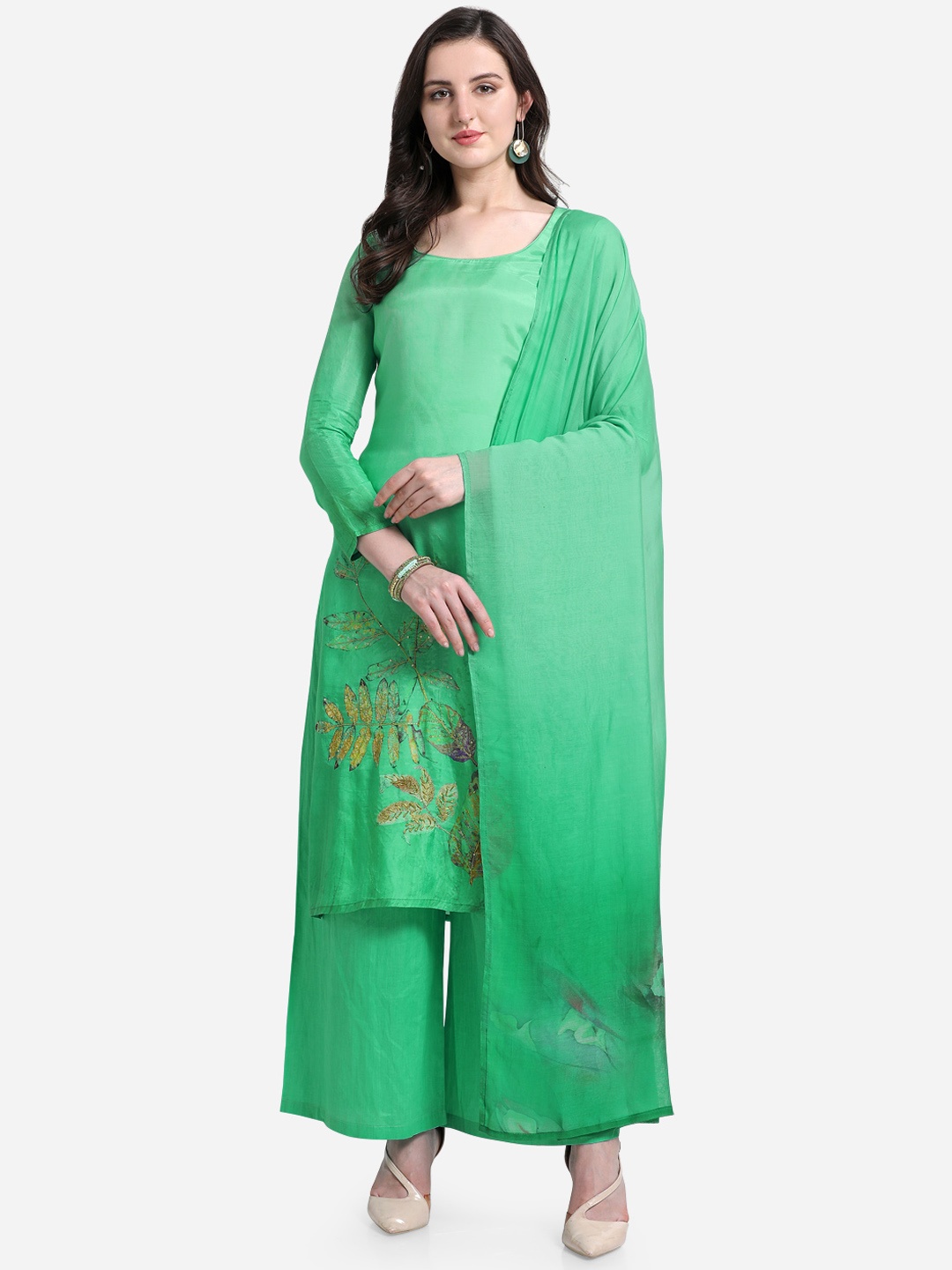 

Stylee LIFESTYLE Green Satin Unstitched Dress Material