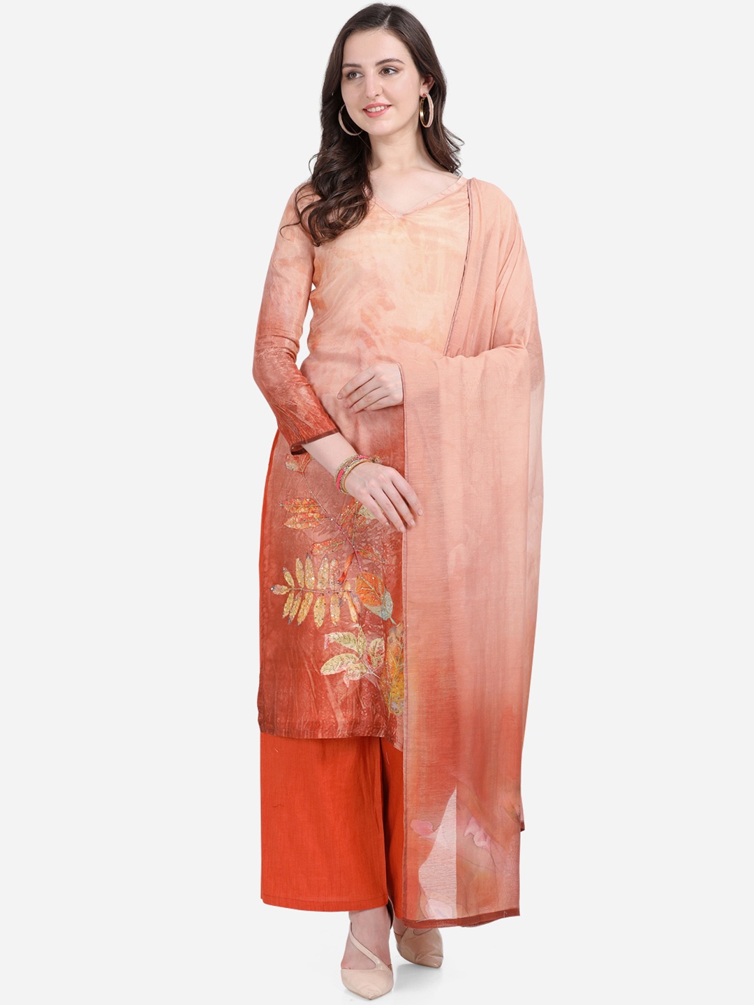 

Stylee LIFESTYLE Peach-Coloured and Orange Satin Unstitched Dress Material