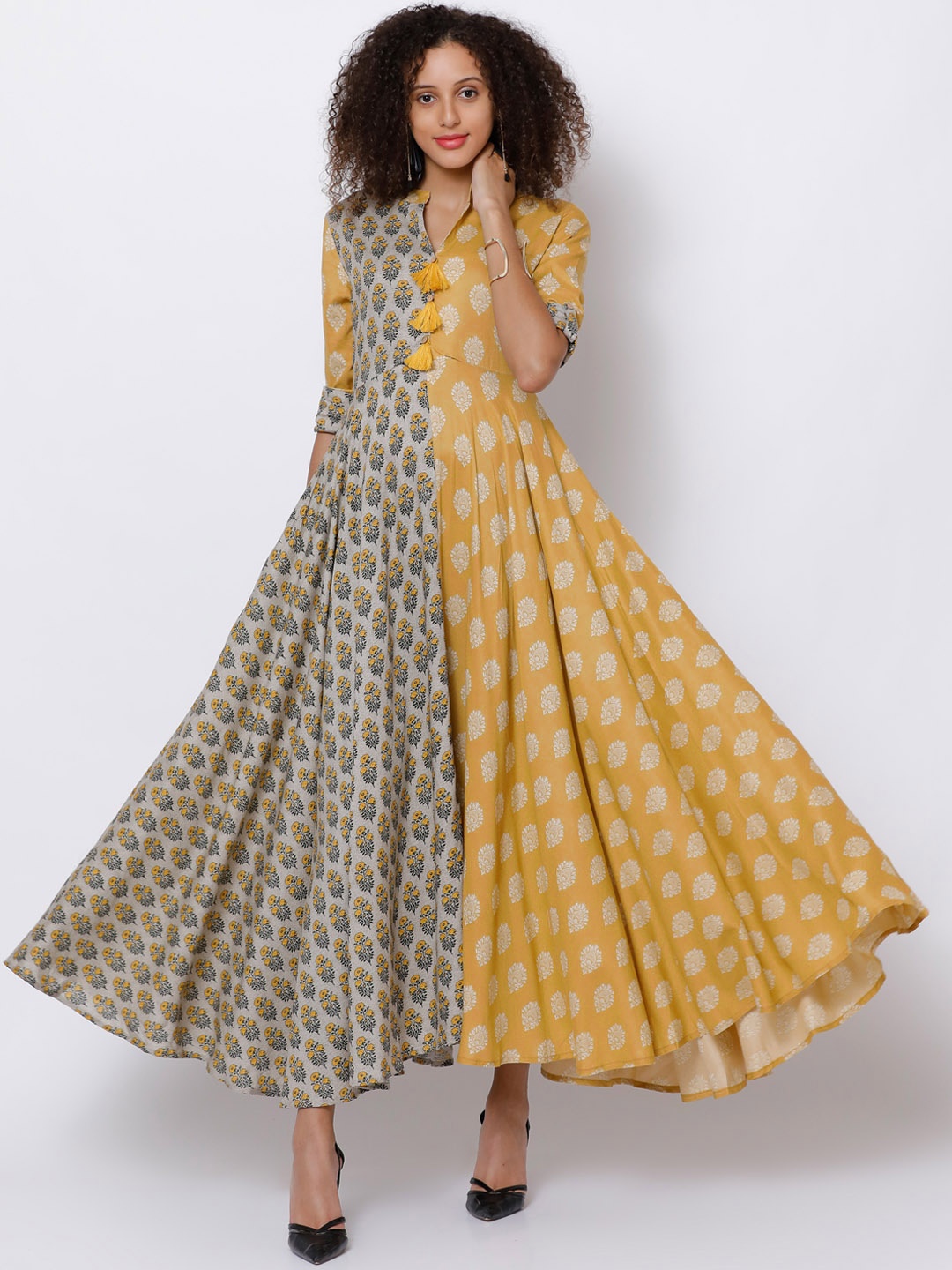 

Vishudh Women Mustard Yellow Colourblocked A-Line Kurta