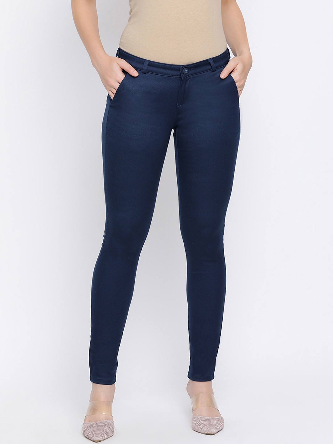

Crimsoune Club Women Navy Blue Skinny Fit Solid Regular Trousers