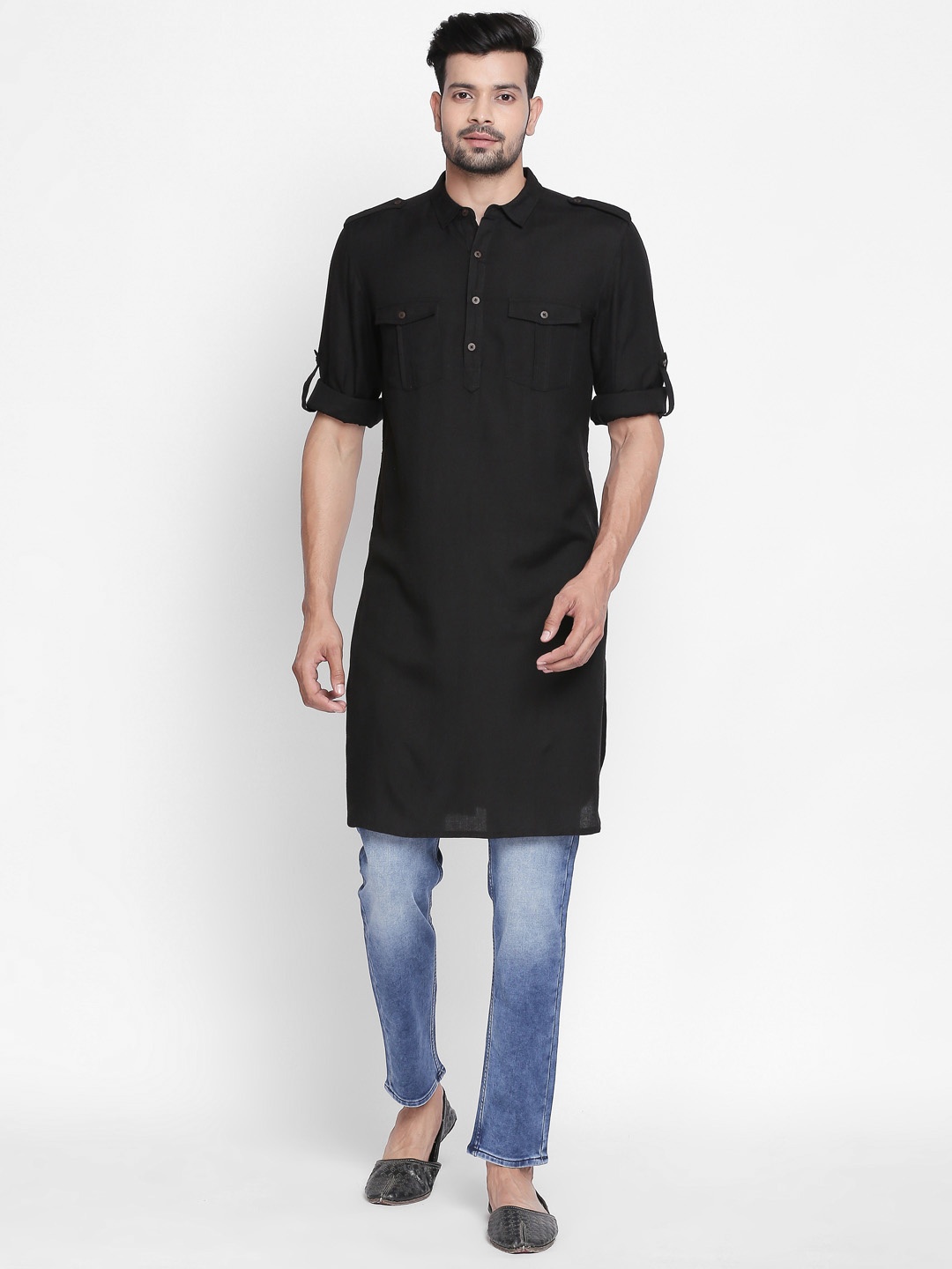 

indus route by Pantaloons Men Black Solid Pathani Kurta