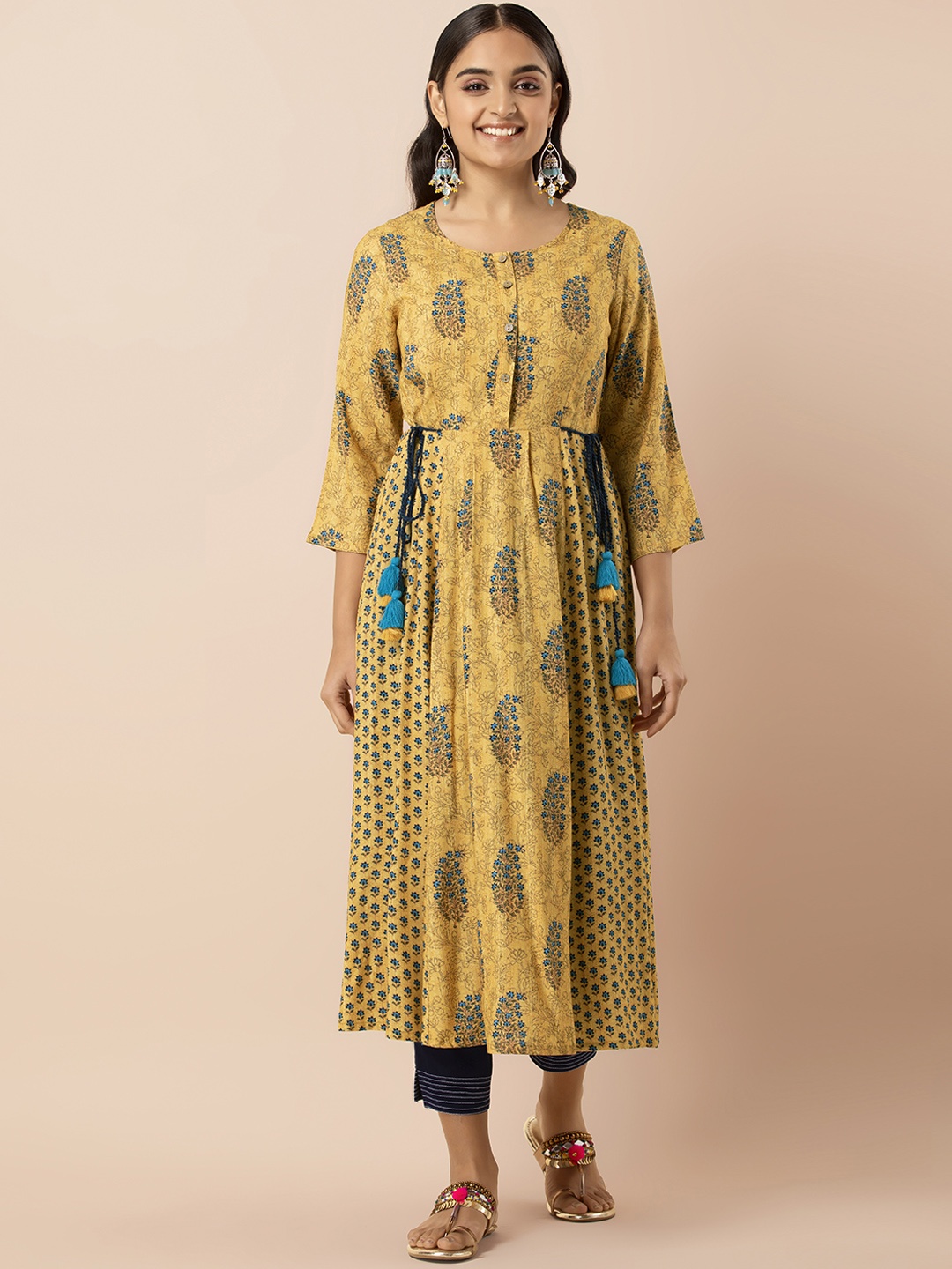 

INDYA Women Yellow And Blue Floral Printed Anarkali Kurta