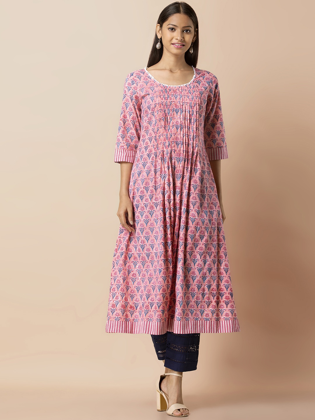 

INDYA Women Pink And Blue Floral Printed A-Line Kurta