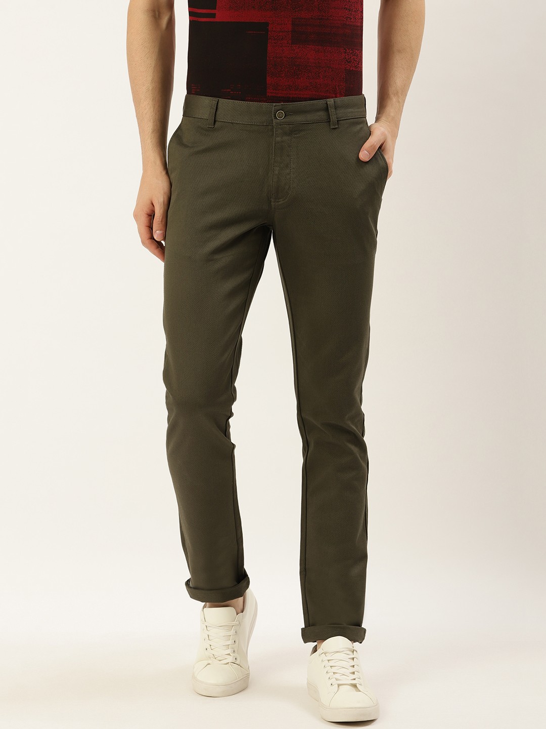 

Blackberrys Men Olive Green B-91 Skinny Fit Solid Regular Trousers