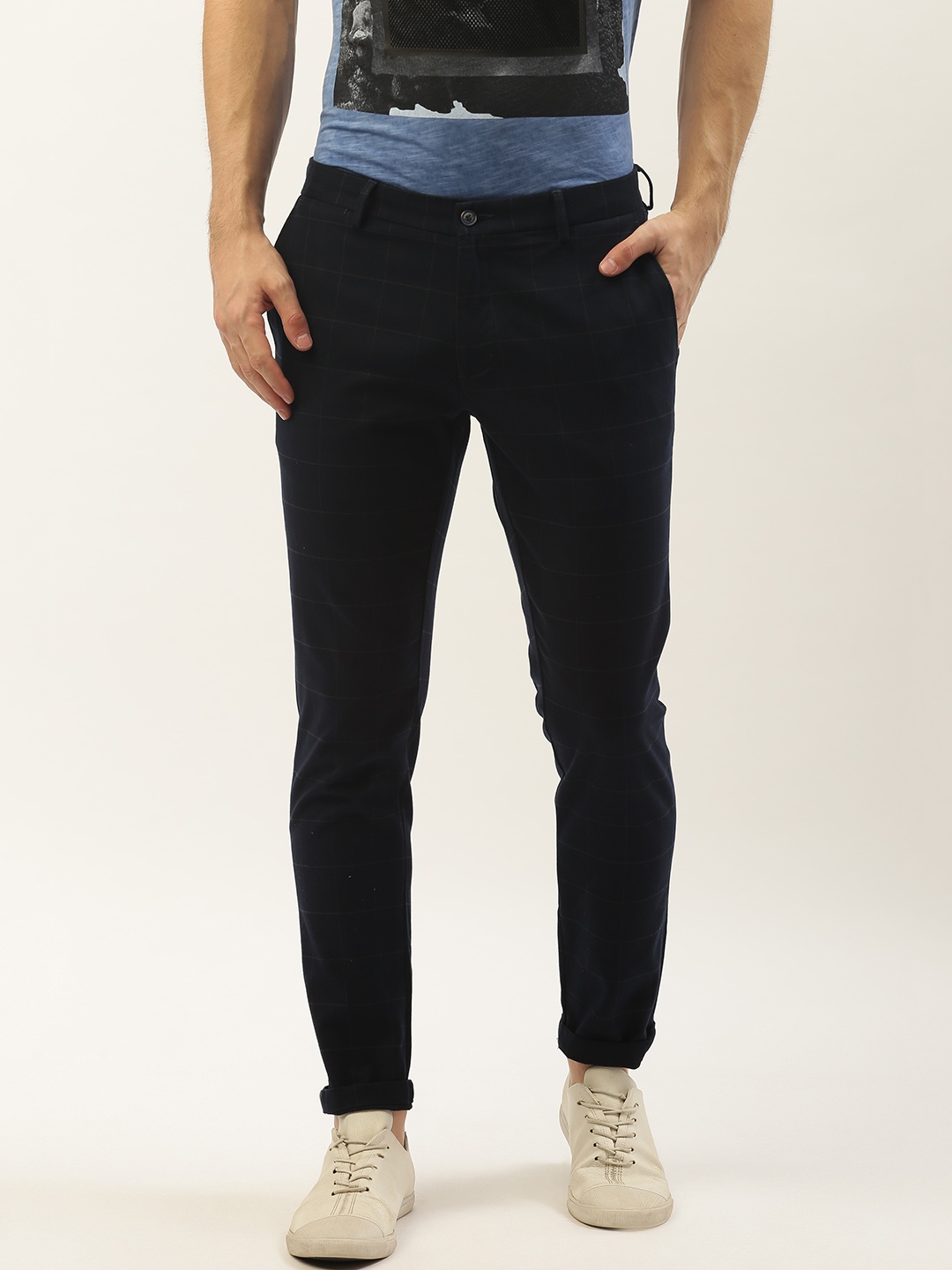 

Blackberrys Men Navy Blue & Grey Skinny Fit Checked Regular Trousers