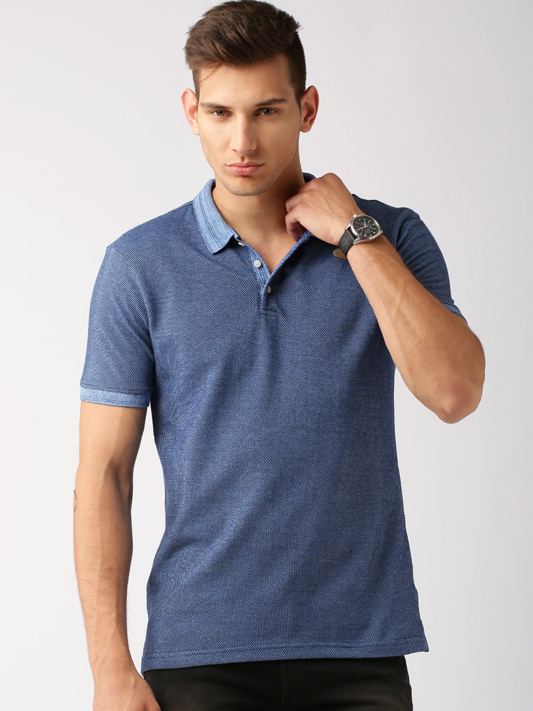 

ETHER Blue Solid Polo Pure Cotton T-shirt