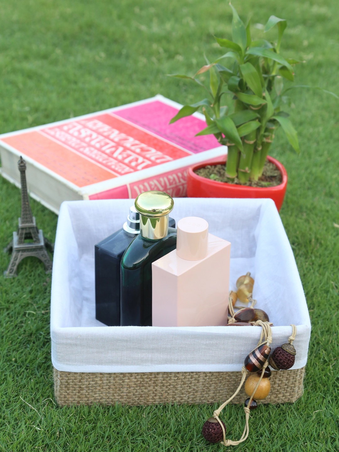

My Gift Booth White and Beige Colourblocked Multi Utility Small Jute Basket Organiser