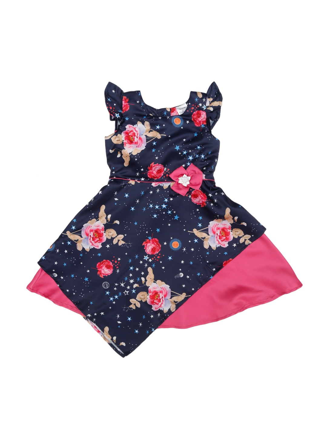

Doodle Girls Navy Blue and Pink Floral Print Fit and Flare Dress