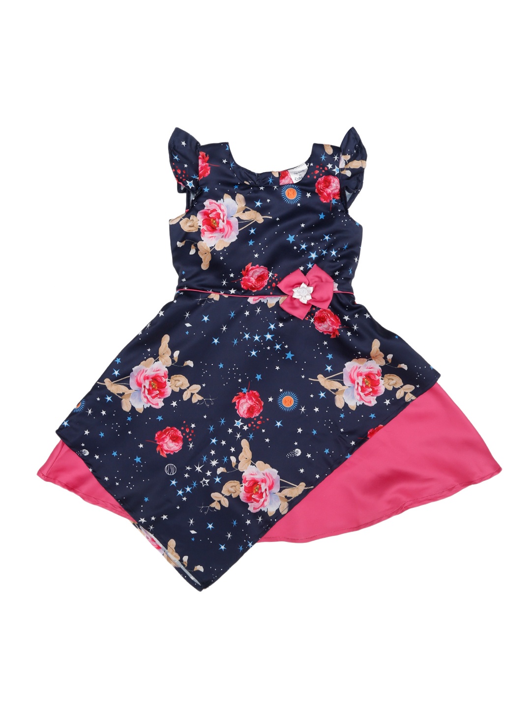 

Doodle Girls Navy Blue and Pink Printed Fit and Flare Dress