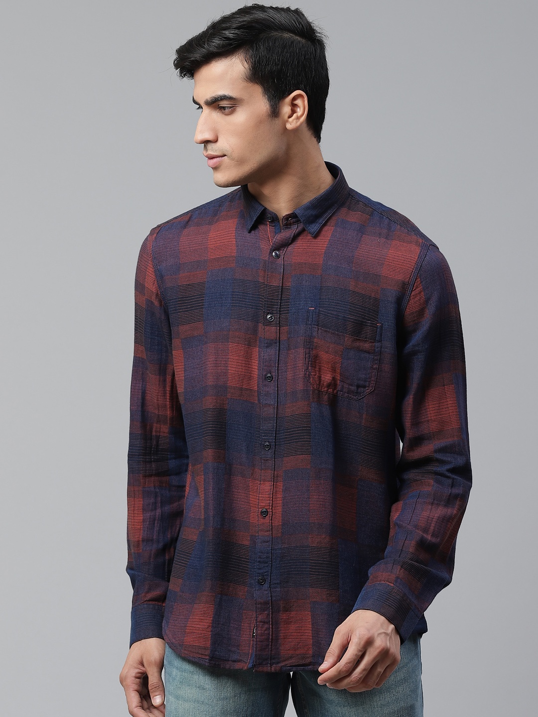 

Blackberrys Men Navy Blue & Rust Orange Slim Fit Checked Casual Shirt