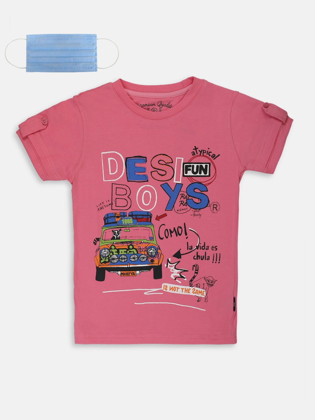 

Lil Tomatoes Boys Pink Printed Round Neck Pure Cotton T-shirt